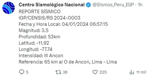 Lima amaneció con un sismo al norte del país.   