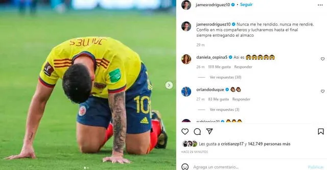 James Rodríguez todavía confía en que Colombia llegará al Mundial de Qatar 2022. - FUENTE: Instagram.   
