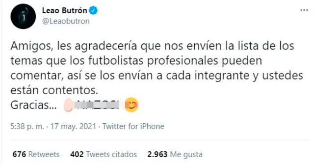 Leao Butrón y su polémico mensaje en redes. | FUENTE: Twitter   