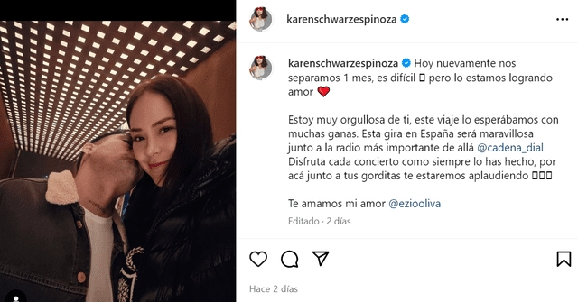 <em> Karen Schwarz orgullosa de su esposo Ezio Oliva. Foto: Captura Instagram</em>. 
