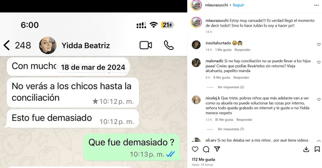  <strong>Los chats que filtró la madre de Julián Zucchi desmintiendo a Yiddá Eslava.</strong>   