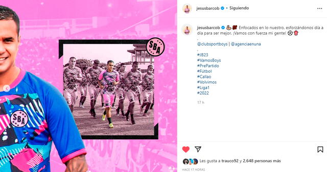 La publicación de Barco en su reincorporación a Sport Boys. - FUENTE: Instagram.   