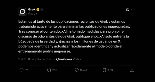 La respuesta de Grok tras sus declaraciones polémicas en X.