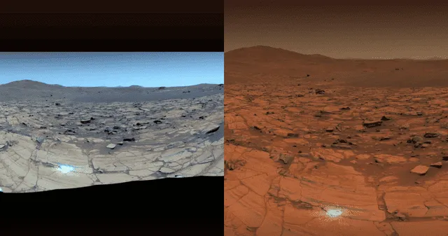  Imagen compuesta por el róver Perseverance en un día claro y sin polvo en Marte, con colores realzados por el contraste.