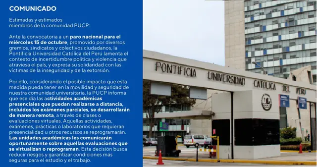 La PUCP cancela sus clases presenciales el 15 de octubre.