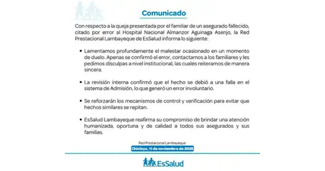 La respuesta de EsSalud tras la cita médica a un paciente fallecido.