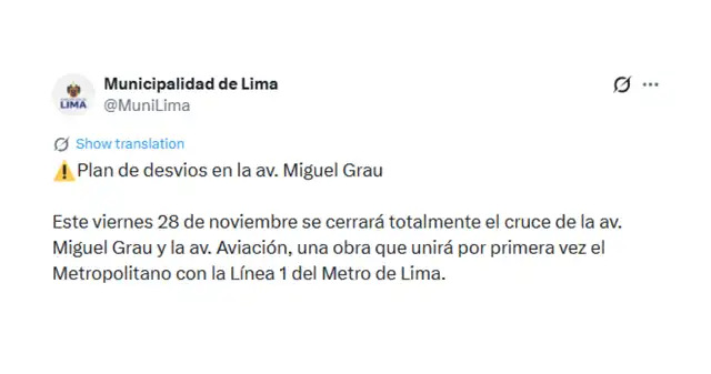 Anuncio del cierre de las avenidas Grau y Aviación. Anuncio del cierre de las avenidas Grau y Aviación.