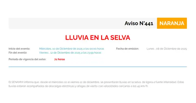 Aviso N° 441 del Senamhi. Aviso N° 441 del Senamhi.