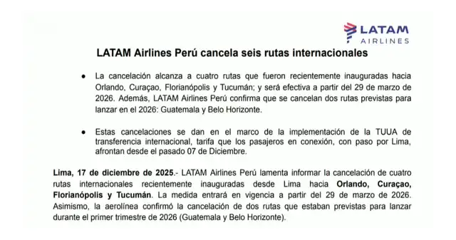 Comunicado de LATAM Airlines Perú sobre la cancelación de vuelos internacionales. Comunicado de LATAM Airlines Perú sobre la cancelación de vuelos internacionales.