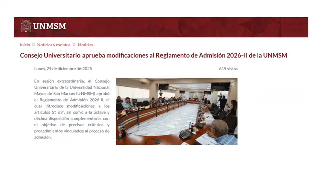 Universidad Mayor de San Marcos anuncia nuevos cambios en el Reglamento de Admisión 2026-II.