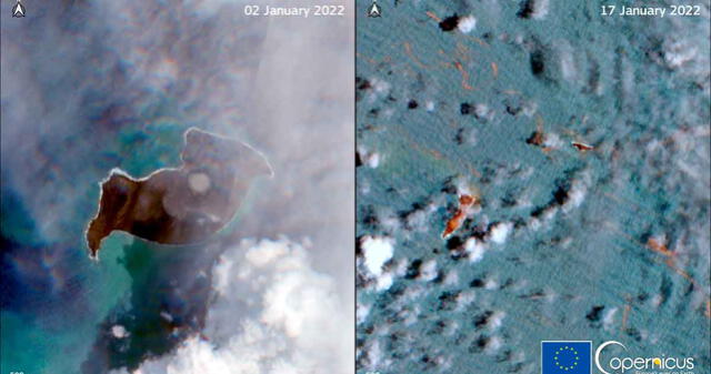 Al lado izquierdo se aprecia la imagen de la isla el 2 de enero, y en e derecho post erupción. - FUENTE: EFE. 
