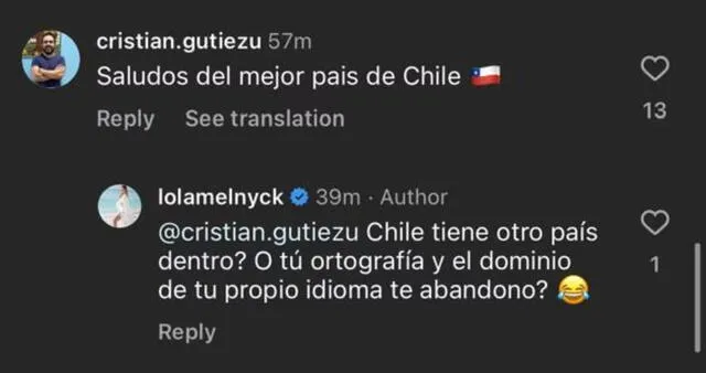 Chilenos dejan comentarios en cuenta de Instagram de Lola Melnyck tras confesión. Foto: Redes Sociales/Captura   