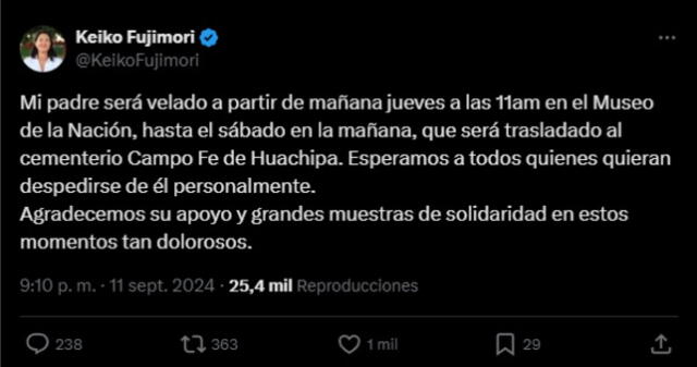 Keiko Fujimori da todos los detalles sobre el velorio y entierro de Alberto Fujimori.