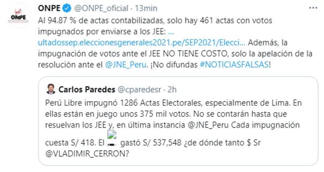 Respuesta de la ONPE se dio este martes en horas de la mañana. En ese momento, solo se había contabilizado hasta el 94.87 %.   