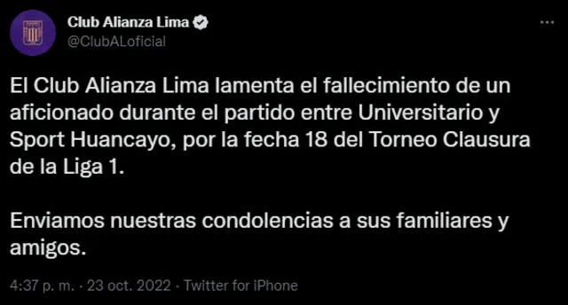 El comunicado de Alianza Lima. / FUENTE: Twitter.   