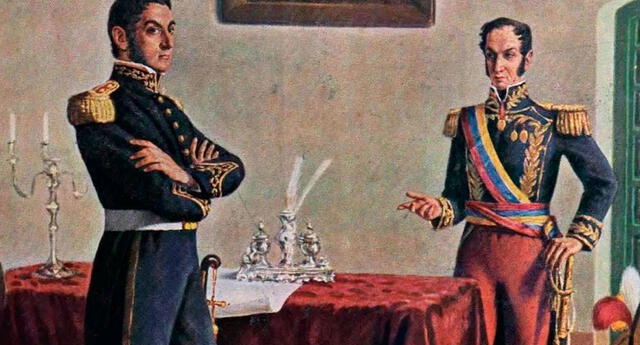 Ilustración del encuentro de José de San Martín y Simón Bolívar en Guayaquil, Ecuador.
