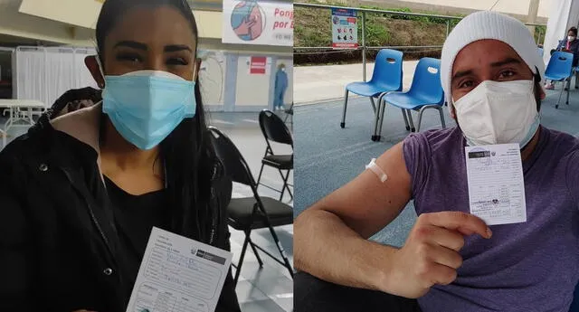 Rocío Miranda y Junios Silva felices por recibir su primera dosis contra el coronavirus.