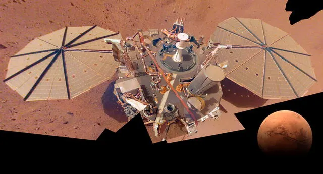 La NASA publicó una imagen en Twitter del módulo de aterrizaje de la misión InSight parcialmente cubierto de polvo.