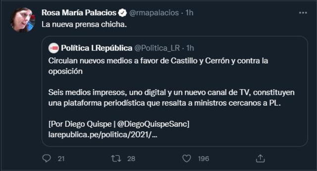 Rosa María Palacios se pronunció sobre los nuevos medios de comunicación. | FUENTE: Twitter.   