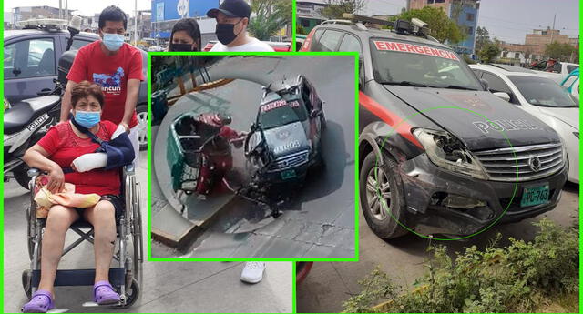 Patrullero de la PNP impacta contra mototaxi y casi provoca la muerte de dos personas