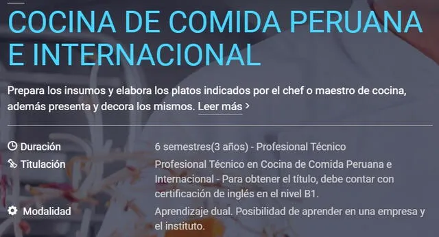  Carrera de Comida Peruana e Internacional tiene una duración de 3 años. Crédito: Senati   