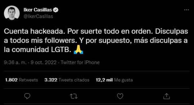 El mensaje de Iker Casillas tras ser víctima de los hackers. / FUENTE: Twitter. 