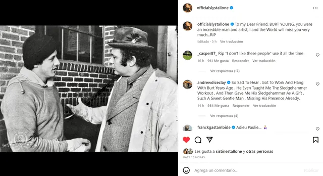 Mensaje de Sylvester Stallone a Burt Young (Instagram)   