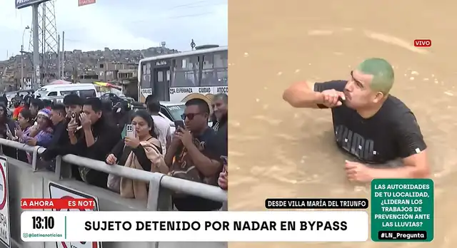 Hombre fue intervenido por ingresar a nadar en bypass inundado de Villa María del Triunfo y acercarse a un bus atrapado tras fuertes lluvias en Lima Hombre fue intervenido por ingresar a nadar en bypass inundado de Villa María del Triunfo y acercarse a un bus atrapado tras fuertes lluvias en Lima