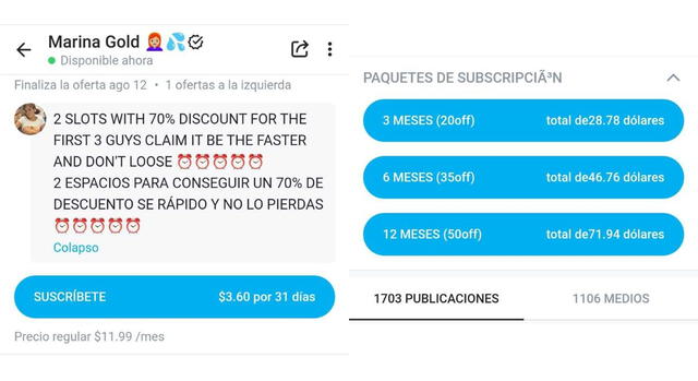 Este es el precio de Marina Gold en OnlyFans. Fuente: OnlyFans.