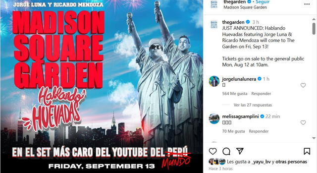 Madison Square Garden lanza promoción de 'Hablando Huevadas'. Fuente: Instagram.