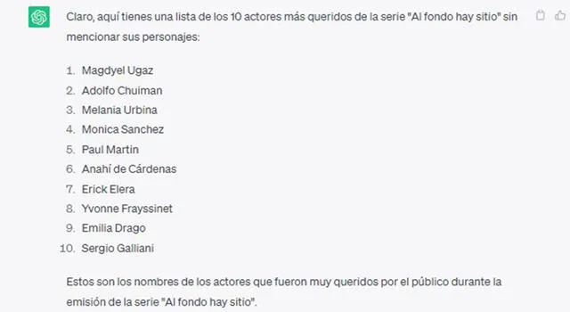  ChatGPT y la lista de los actores más queridos de Al fondo hay sitio. Foto: Captura ChatGPT   