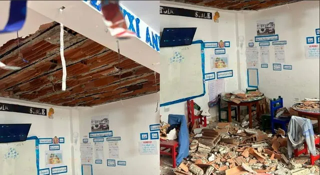 Así quedó el interior del aula donde se desprendió el techo, dañando a 12 niños.   