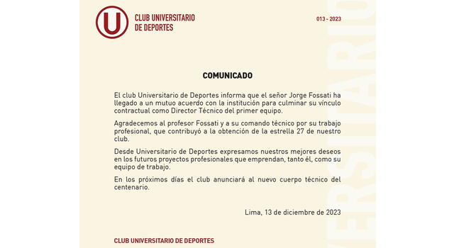 Jorge Fossati no va más en Universitario