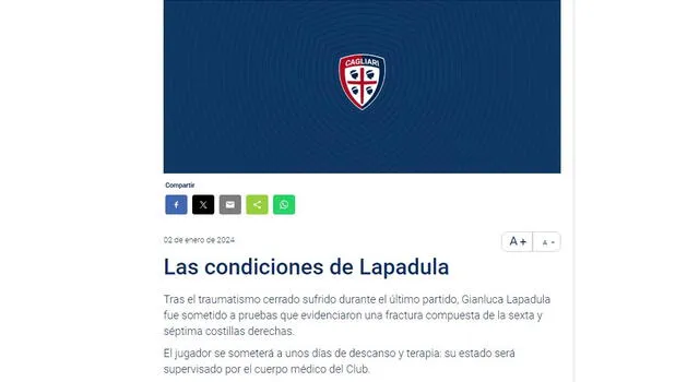 Así informó Cagliari la lesión de Gianluca Lapadula   