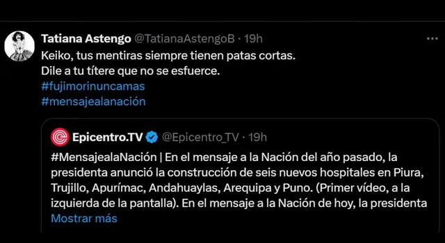 Tatiana Astengo mandó potente mensaje a Keiko Fujimori y Dina Boluarte.  