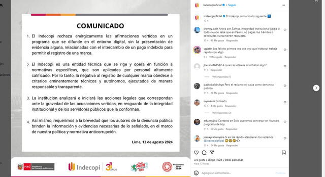 Comunicado de Indecopi. Fuente: Instagram.