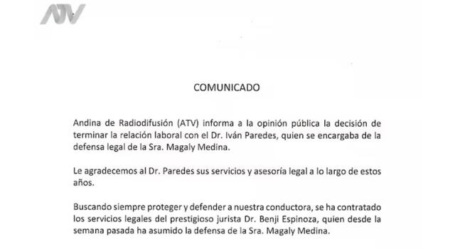 Comunicado de ATV. Fuente: Difusión.