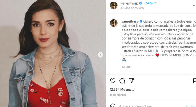  Vanessa Silva no será parte de Luz de Luna 2. Foto: Instagram 