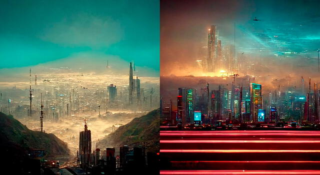  Imágenes creadas por Midjourney y DALL-E 2 con estilo Cyberpunk de algunas calles de la capital en 2050.    