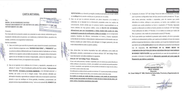 Carta Notarial de Susy Díaz a Monique Pardo difundida en medios de comunicación   