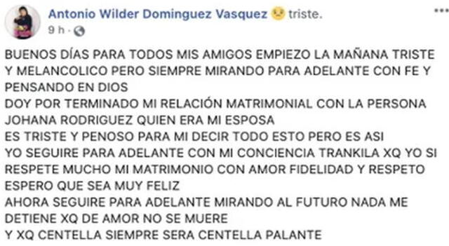  Toño Centella fue quien dio a conocer su primera separación. Foto: Facebook 