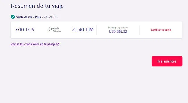  Costo por pasajero de un vuelo de Nueva York a Lima. Foto: Captura   