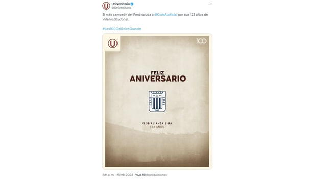 Universitario envía un polémico saludo a Alianza Lima por su aniversario: 