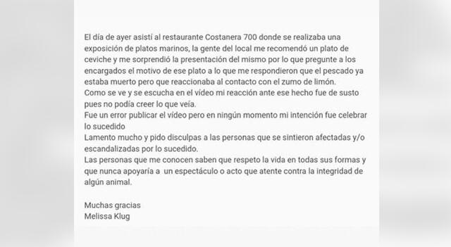 Melissa Klug envió un mensaje de disculpa tras su post.  