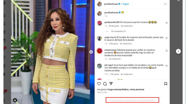 Janet Barboza limita sus comentarios. Fuente: Instagram.