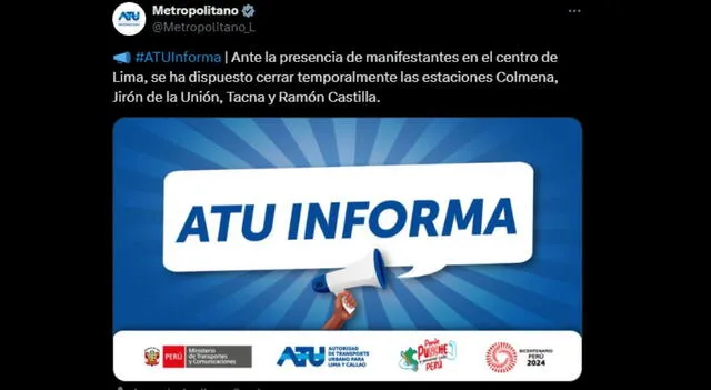 ATU confirma cierre total de las estaciones del Metropolitano por paro nacional: ¿Cuáles son?