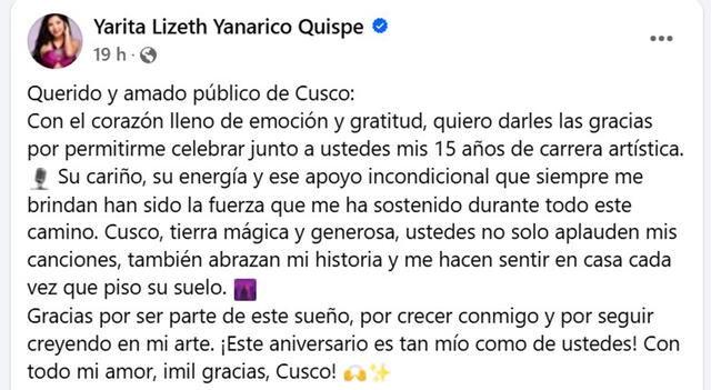 Yarita Lizeth y el sensible mensaje que compartió con sus seguidores.  
