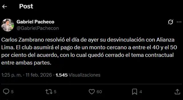  Periodista Gabriel Pacheco revela que Alianza Lima habría llegado a un acuerdo económico con Carlos Zambrano.<br><br>  