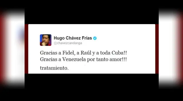 Tuit de Hugo Chávez informando de su llegada a Venezuela. Tuit de Hugo Chávez informando de su llegada a Venezuela.