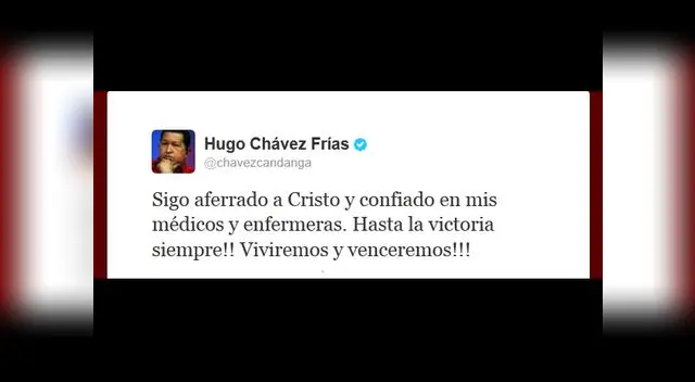 Tuit de Hugo Chávez informando de su llegada a Venezuela. Tuit de Hugo Chávez informando de su llegada a Venezuela.